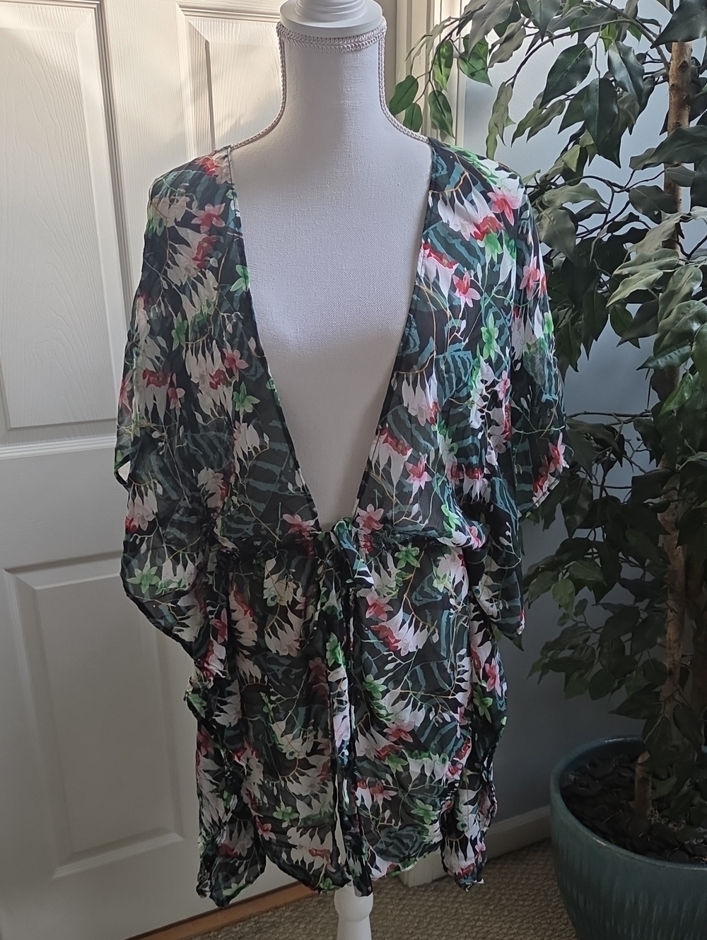 Floral Green & Pink Women’s Swim Cover-Up - Tie Front